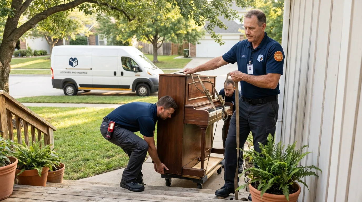 Licensed piano movers securing grand piano in Georgiana, AL
