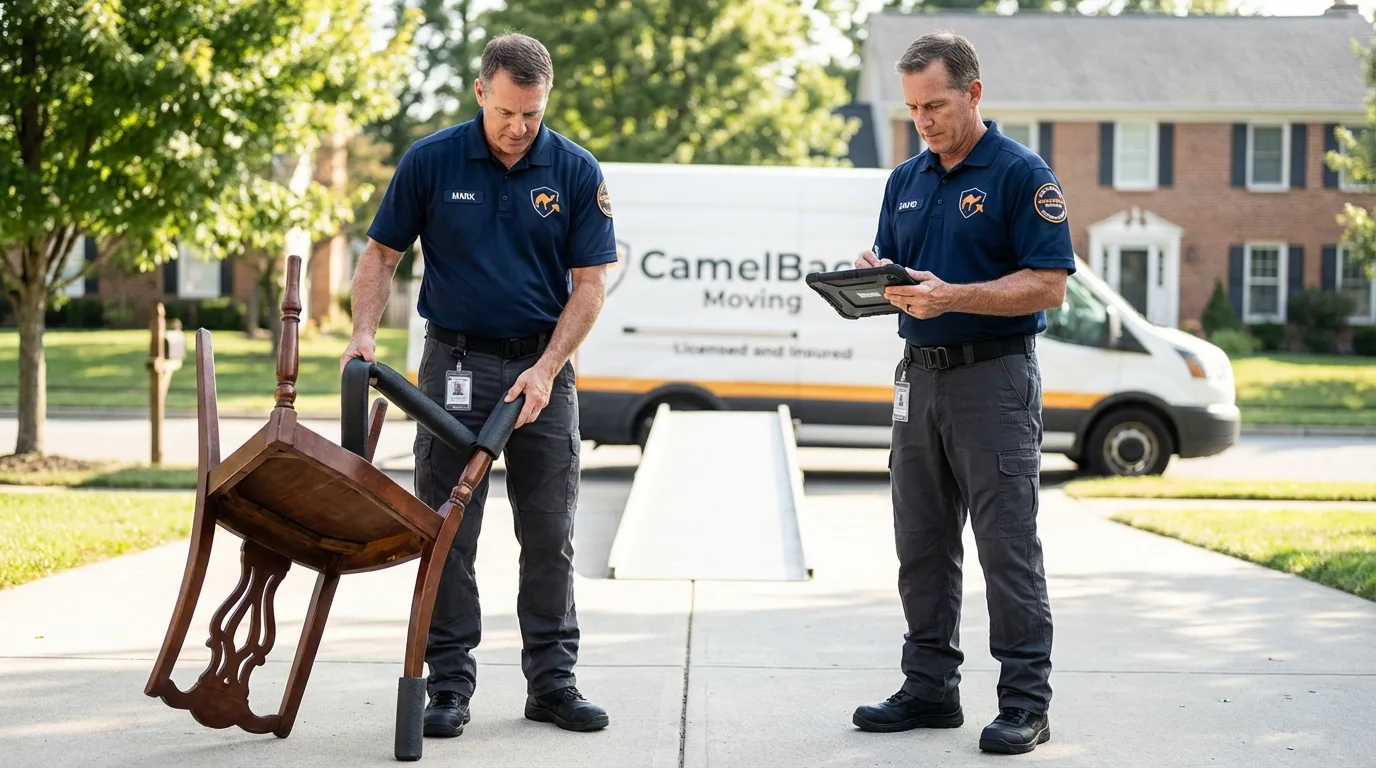 Movers inspecting furniture for damage prevention before loading in Georgiana, AL