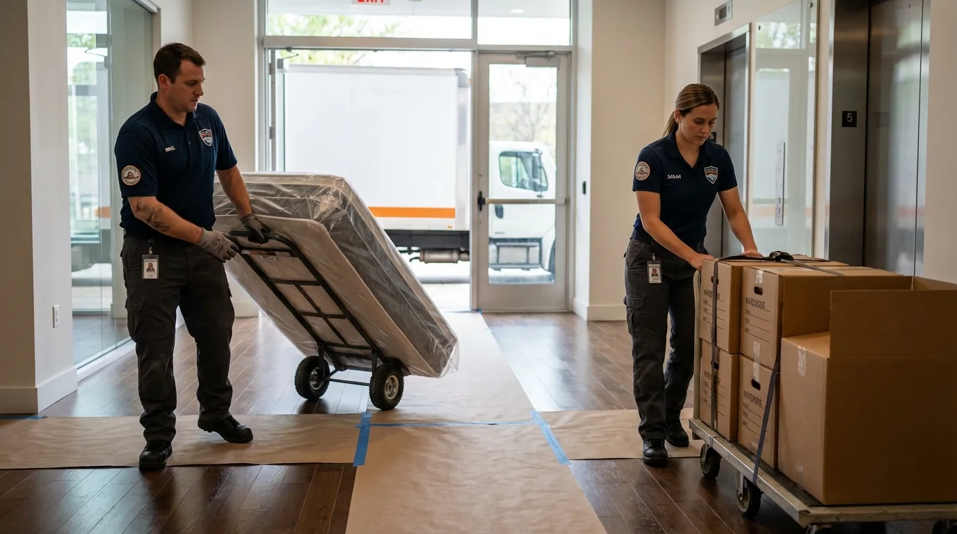 Professional apartment movers loading elevator in Georgiana, AL