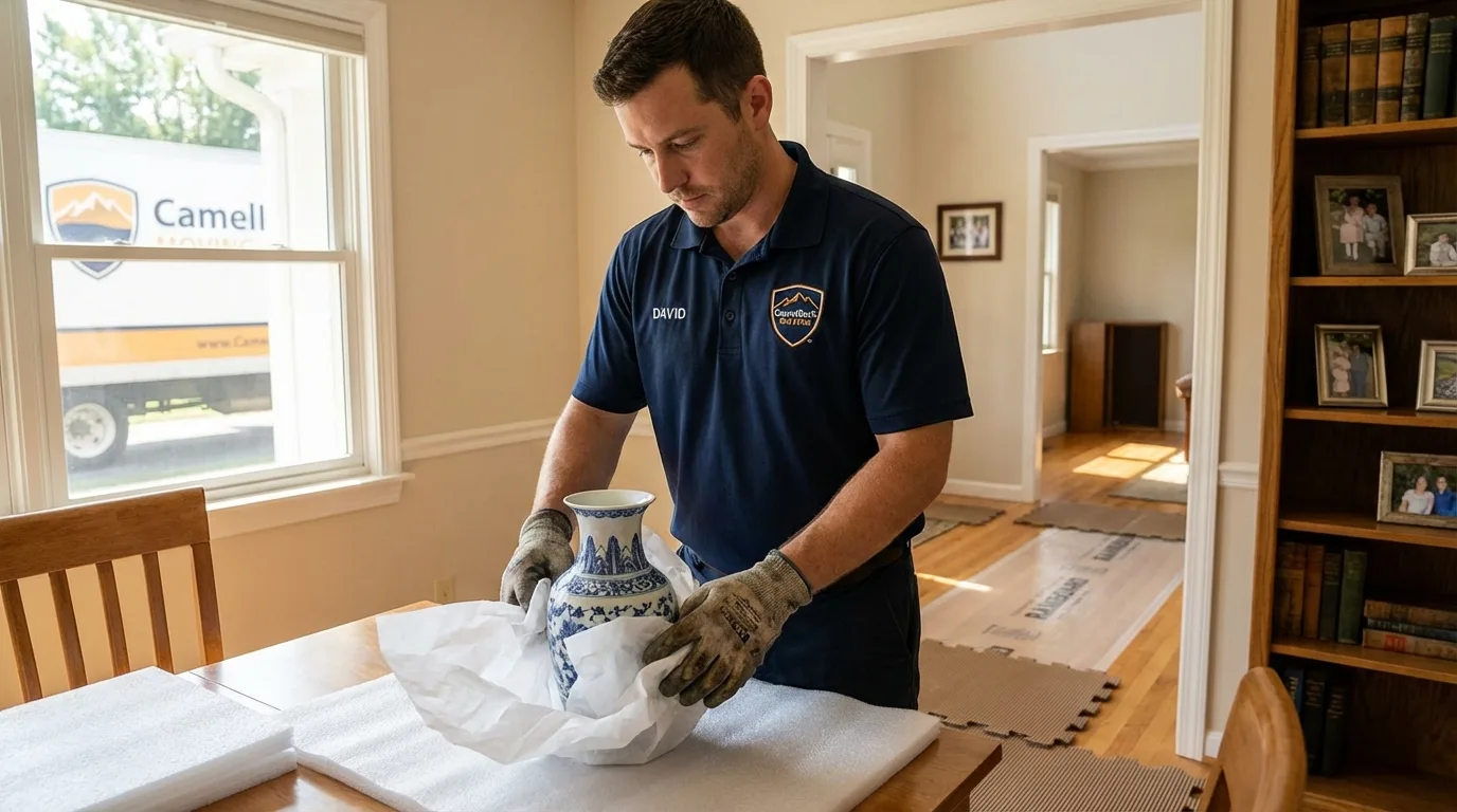 Professional crew carefully wrapping antique vase for senior downsizing move in Georgiana, AL